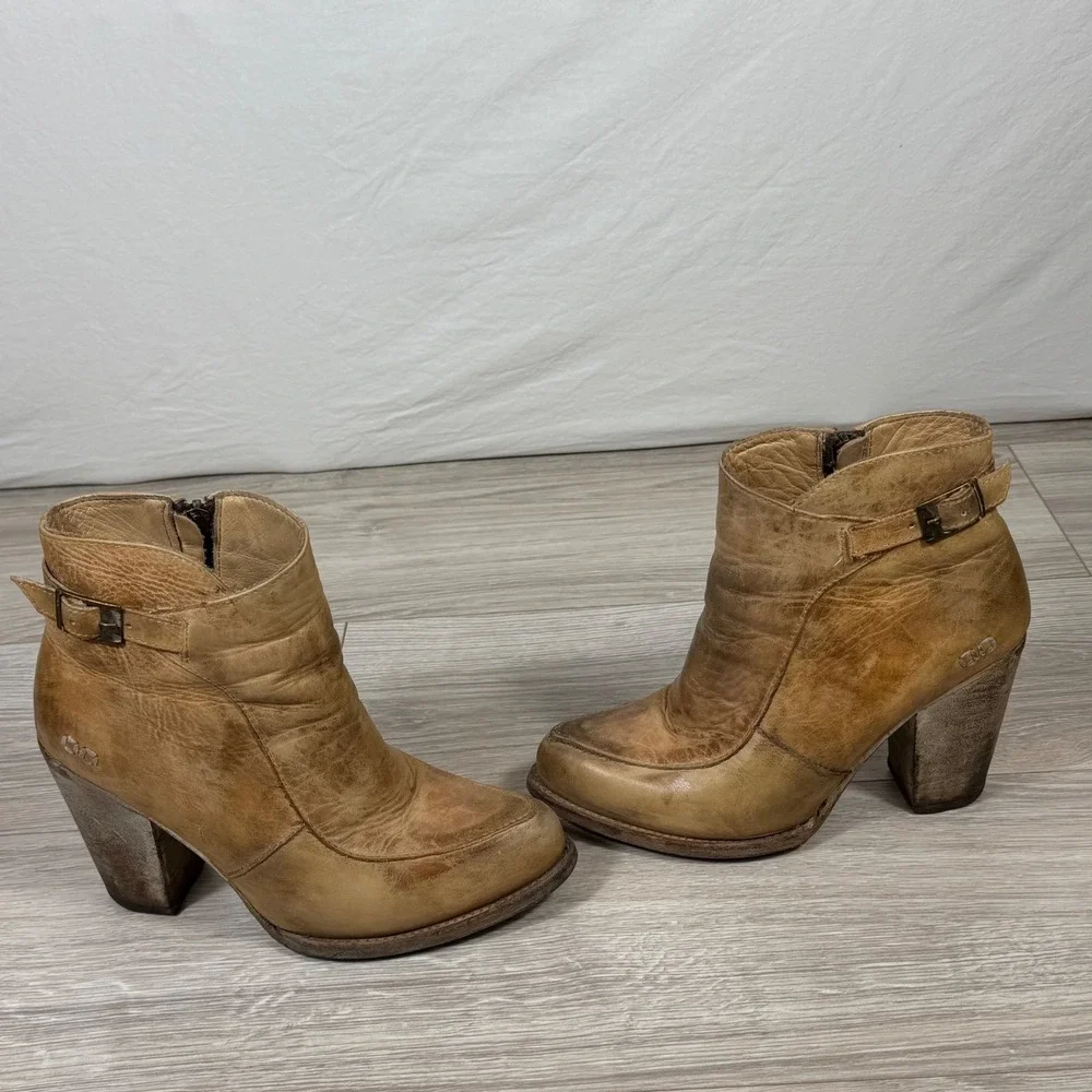 Bed‎ Stu Distressed Tan Isla Leather Ankle Boots Block Heel Side Zip 8078 Size 8